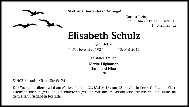  Traueranzeige für Elisabeth Schulz vom 18.05.2013 aus Kölner Stadt-Anzeiger / Kölnische Rundschau / Express