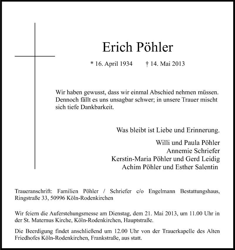  Traueranzeige für Erich Pöhler vom 17.05.2013 aus Kölner Stadt-Anzeiger / Kölnische Rundschau / Express