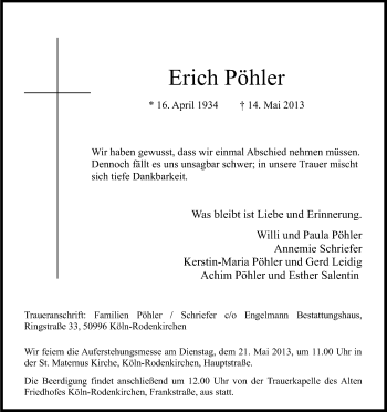Anzeige von Erich Pöhler von Kölner Stadt-Anzeiger / Kölnische Rundschau / Express