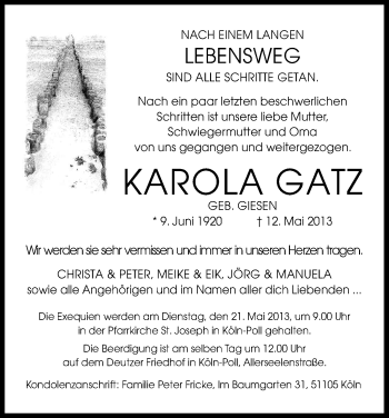 Anzeige von Karola Gatz von Kölner Stadt-Anzeiger / Kölnische Rundschau / Express