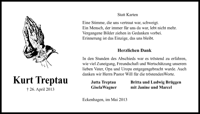  Traueranzeige für Kurt Treptau vom 18.05.2013 aus Kölner Stadt-Anzeiger / Kölnische Rundschau / Express
