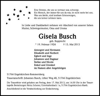 Anzeige von Gisela Busch von Kölner Stadt-Anzeiger / Kölnische Rundschau / Express