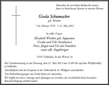 Anzeige von Gisela Schumacher von Kölner Stadt-Anzeiger / Kölnische Rundschau / Express