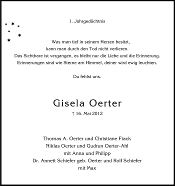 Anzeige von Gisela Oerter von Kölner Stadt-Anzeiger / Kölnische Rundschau / Express