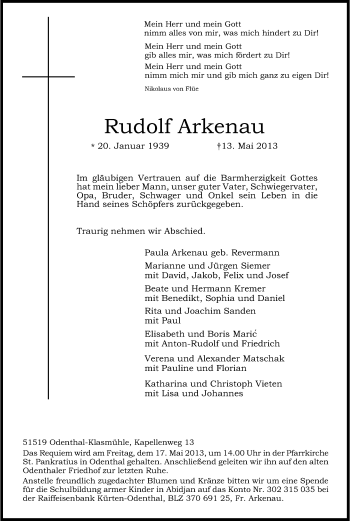 Anzeige von Rudolf Arkenau von Kölner Stadt-Anzeiger / Kölnische Rundschau / Express