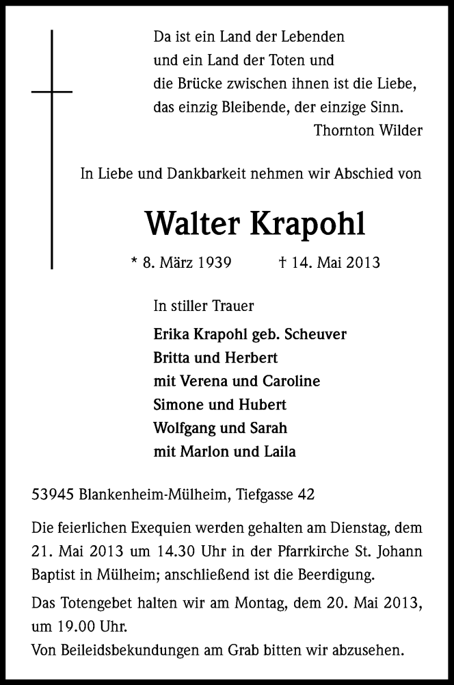  Traueranzeige für Walter Krapohl vom 16.05.2013 aus Kölner Stadt-Anzeiger / Kölnische Rundschau / Express