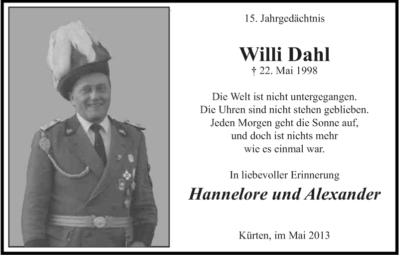  Traueranzeige für Willi Dahl vom 22.05.2013 aus Kölner Stadt-Anzeiger / Kölnische Rundschau / Express