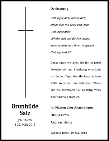 Anzeige von Brunhilde Salz von Kölner Stadt-Anzeiger / Kölnische Rundschau / Express