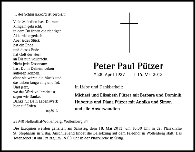  Traueranzeige für Peter Paul Pützer vom 16.05.2013 aus Kölner Stadt-Anzeiger / Kölnische Rundschau / Express