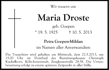 Anzeige von Droste Maria von Kölner Stadt-Anzeiger / Kölnische Rundschau / Express