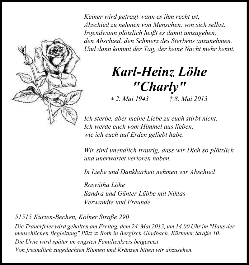  Traueranzeige für Karl-Heinz Löhe vom 17.05.2013 aus Kölner Stadt-Anzeiger / Kölnische Rundschau / Express