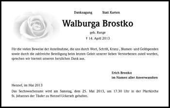 Anzeige von Walburga Brostko von Kölner Stadt-Anzeiger / Kölnische Rundschau / Express