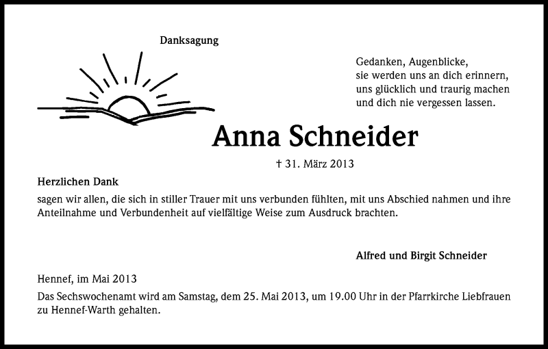  Traueranzeige für Anna Schneider vom 18.05.2013 aus Kölner Stadt-Anzeiger / Kölnische Rundschau / Express