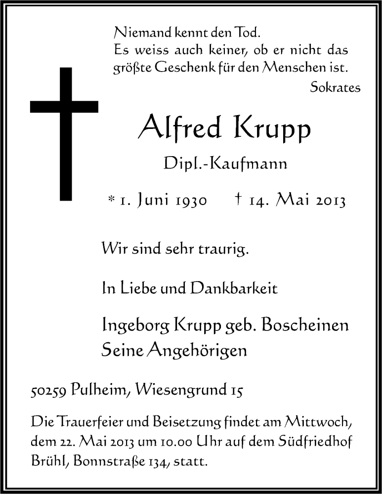  Traueranzeige für Alfred Krupp vom 17.05.2013 aus Kölner Stadt-Anzeiger / Kölnische Rundschau / Express