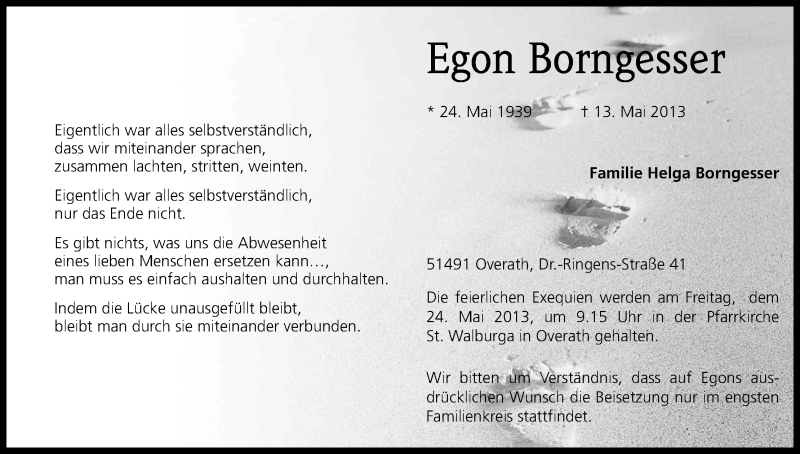  Traueranzeige für Egon Borngesser vom 21.05.2013 aus Kölner Stadt-Anzeiger / Kölnische Rundschau / Express