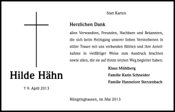 Anzeige von Hilde Hähn von Kölner Stadt-Anzeiger / Kölnische Rundschau / Express