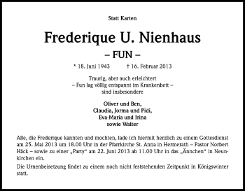 Anzeige von Frederique Nienhaus von Kölner Stadt-Anzeiger / Kölnische Rundschau / Express
