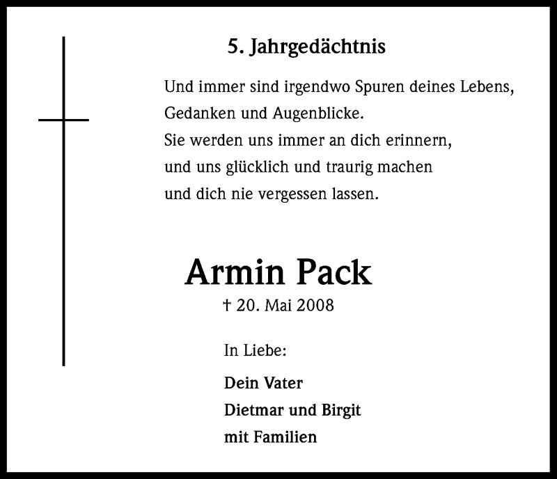  Traueranzeige für Armin Pack vom 18.05.2013 aus Kölner Stadt-Anzeiger / Kölnische Rundschau / Express