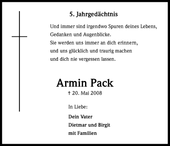 Anzeige von Armin Pack von Kölner Stadt-Anzeiger / Kölnische Rundschau / Express