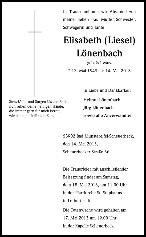  Traueranzeige für Elisabeth lönenbach vom 16.05.2013 aus Kölner Stadt-Anzeiger / Kölnische Rundschau / Express