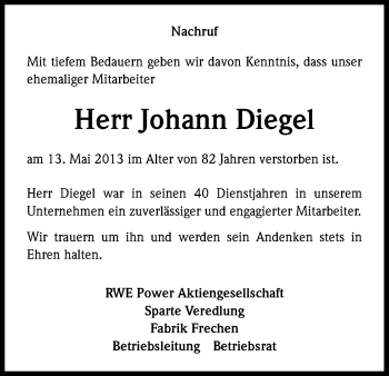 Anzeige von Johann Diegel von Kölner Stadt-Anzeiger / Kölnische Rundschau / Express