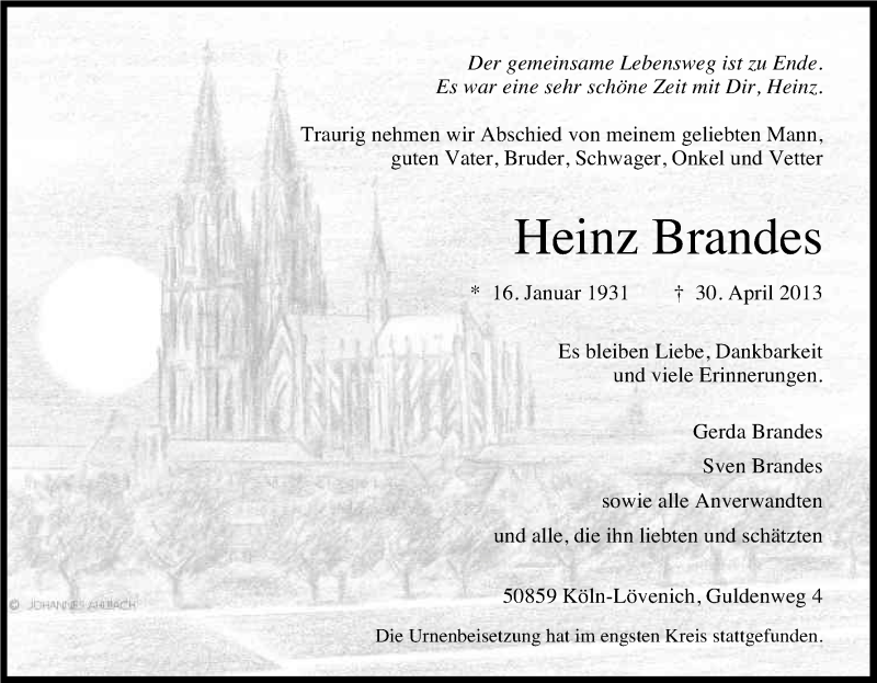  Traueranzeige für Heinrich Brandes vom 25.05.2013 aus Kölner Stadt-Anzeiger / Kölnische Rundschau / Express