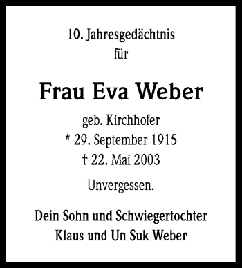 Anzeige von Eva Weber von Kölner Stadt-Anzeiger / Kölnische Rundschau / Express