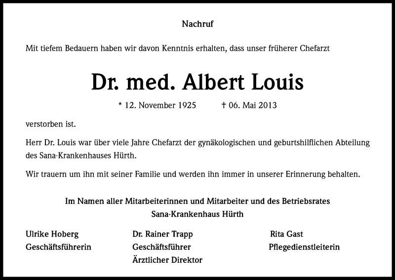  Traueranzeige für Albert Louis vom 18.05.2013 aus Kölner Stadt-Anzeiger / Kölnische Rundschau / Express