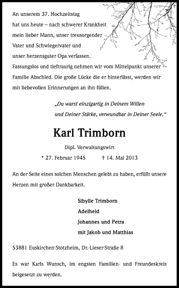 Anzeige von Karl Trimborn von Kölner Stadt-Anzeiger / Kölnische Rundschau / Express