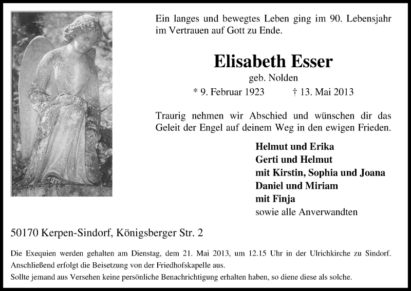  Traueranzeige für Elisabeth Esser vom 18.05.2013 aus Kölner Stadt-Anzeiger / Kölnische Rundschau / Express
