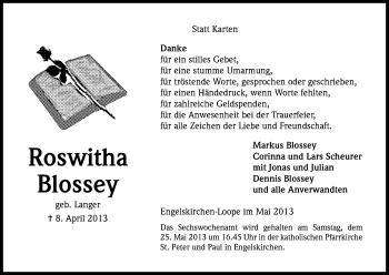 Anzeige von Roswitha Blossey von Kölner Stadt-Anzeiger / Kölnische Rundschau / Express
