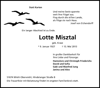 Anzeige von Lotte Misztal von Kölner Stadt-Anzeiger / Kölnische Rundschau / Express
