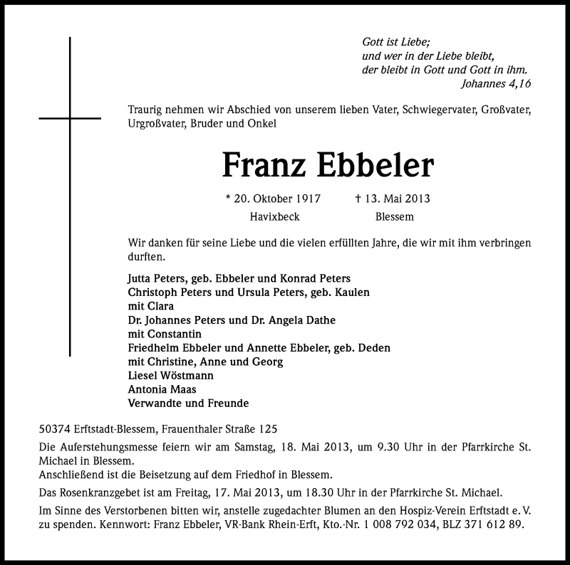  Traueranzeige für Franz Ebbeler vom 16.05.2013 aus Kölner Stadt-Anzeiger / Kölnische Rundschau / Express