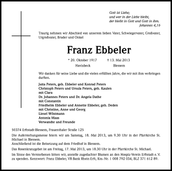 Anzeige von Franz Ebbeler von Kölner Stadt-Anzeiger / Kölnische Rundschau / Express
