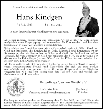 Anzeige von Hans Kindgen von Kölner Stadt-Anzeiger / Kölnische Rundschau / Express