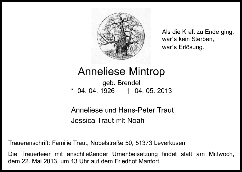  Traueranzeige für Anneliese Mintrop vom 18.05.2013 aus Kölner Stadt-Anzeiger / Kölnische Rundschau / Express