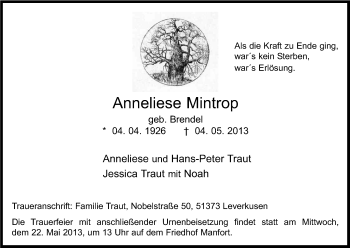 Anzeige von Anneliese Mintrop von Kölner Stadt-Anzeiger / Kölnische Rundschau / Express