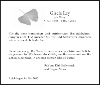 Anzeige von Gisela Ley von Kölner Stadt-Anzeiger / Kölnische Rundschau / Express