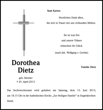 Anzeige von Dorothea Dietz von Kölner Stadt-Anzeiger / Kölnische Rundschau / Express