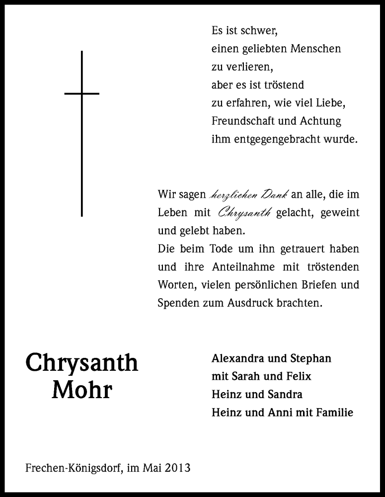 Traueranzeige für Chrysanth Mohr vom 18.05.2013 aus Kölner Stadt-Anzeiger / Kölnische Rundschau / Express