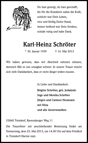 Anzeige von Karl-Heinz Schröter von Kölner Stadt-Anzeiger / Kölnische Rundschau / Express