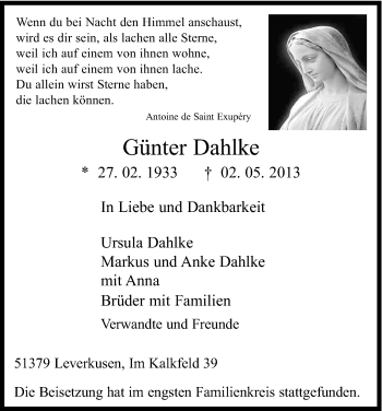 Anzeige von Günter Dahlke von Kölner Stadt-Anzeiger / Kölnische Rundschau / Express