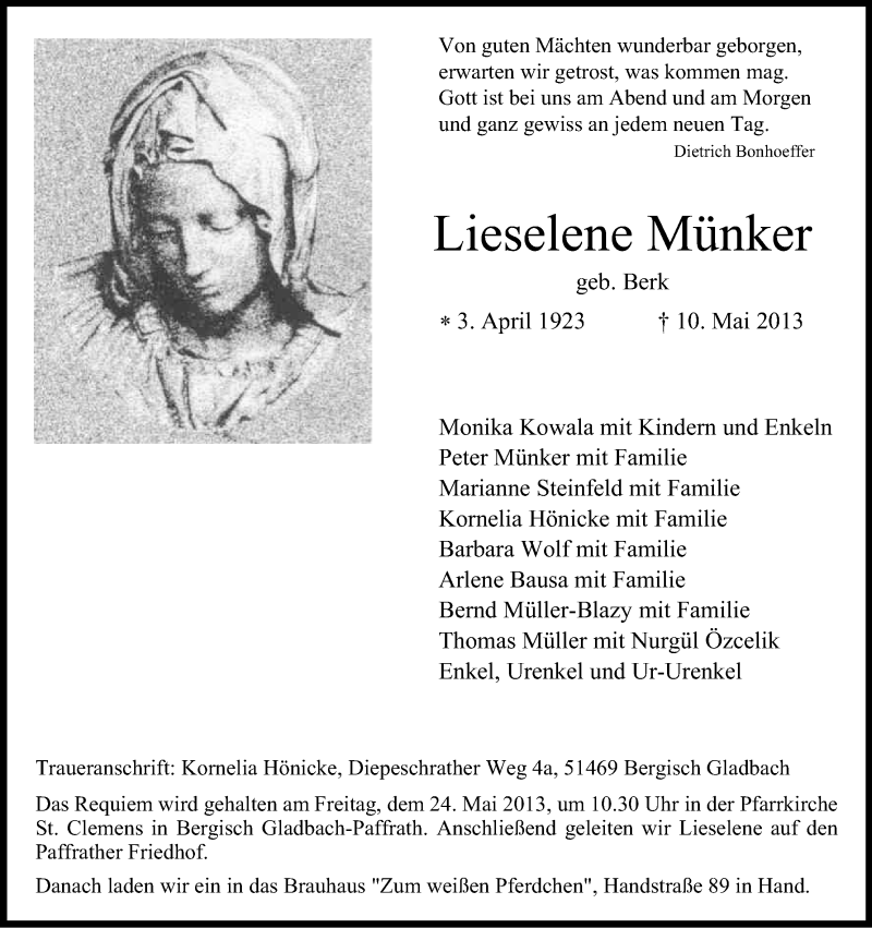  Traueranzeige für Lieselene Münker vom 18.05.2013 aus Kölner Stadt-Anzeiger / Kölnische Rundschau / Express