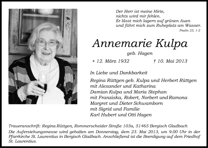  Traueranzeige für Annemarie Kulpa vom 18.05.2013 aus Kölner Stadt-Anzeiger / Kölnische Rundschau / Express