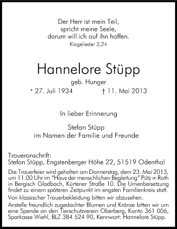 Anzeige von Hannelore Stüpp von Kölner Stadt-Anzeiger / Kölnische Rundschau / Express