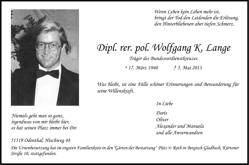  Traueranzeige für Wolfgang Lange vom 18.05.2013 aus Kölner Stadt-Anzeiger / Kölnische Rundschau / Express