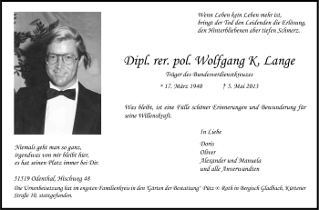 Anzeige von Wolfgang Lange von Kölner Stadt-Anzeiger / Kölnische Rundschau / Express