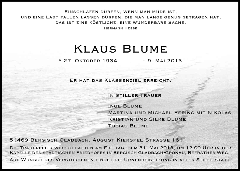  Traueranzeige für Klaus Blume vom 18.05.2013 aus Kölner Stadt-Anzeiger / Kölnische Rundschau / Express