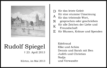 Anzeige von Rudolf Spiegel von Kölner Stadt-Anzeiger / Kölnische Rundschau / Express