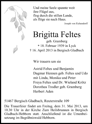 Anzeige von Brigitta Feltes von Kölner Stadt-Anzeiger / Kölnische Rundschau / Express